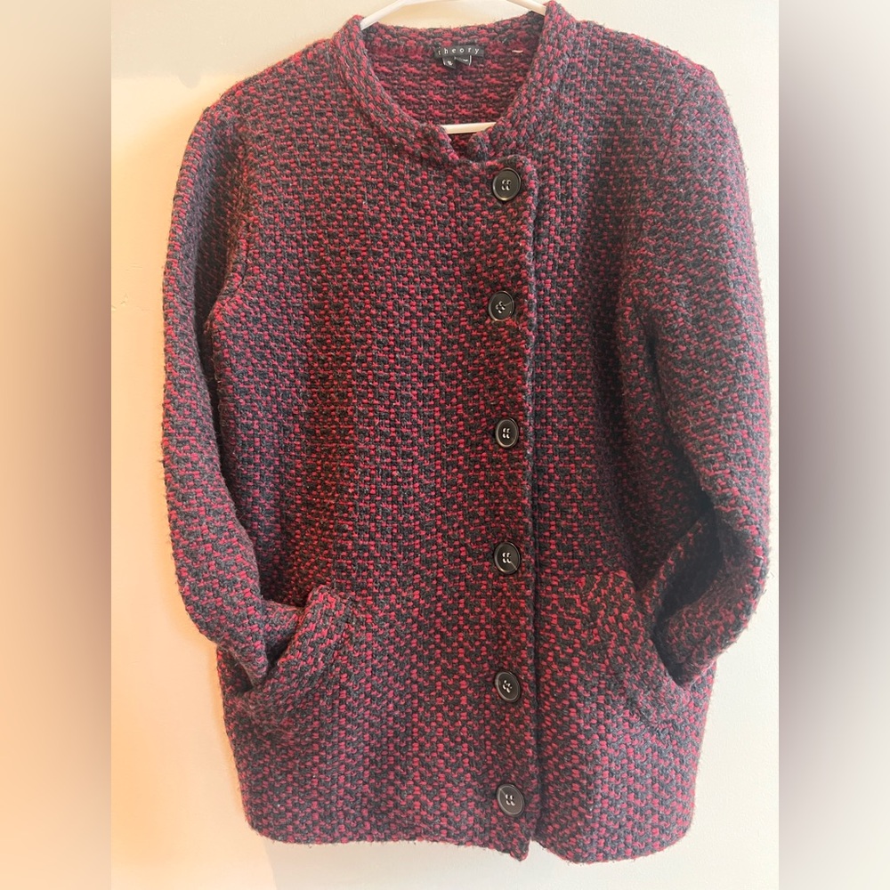 Theory 100% Wool Red and Black Textured Sweater/Jacket
